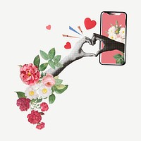 Online dating collage element, floral heart hand design psd