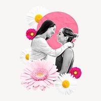 Lesbian couple collage element, floral design psd
