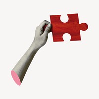 Hand holding puzzle collage element, red design psd