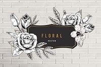 Floral frame beige brick wall background vector