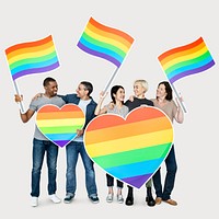 Pride month mockup, diverse people holding hearts & flags psd