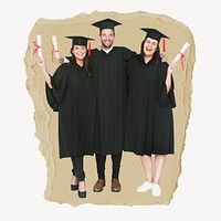 Smiling graduates, ripped paper collage element