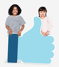 Kids holding a blue thumbs up icon