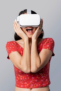 Woman having fun with a VR headset mockup