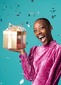 Happy black woman holding a gift box invitation card design
