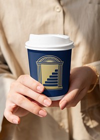 Woman holding coffee cup, aesthetic design