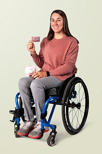 Cool woman on a wheelchair showing a premium credit card mockup