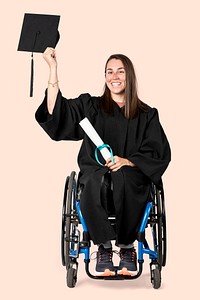 Happy girl in a wheelchair holding her diploma 