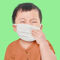 Psd child wearing face mask in studio mockup