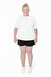 Women&#39;s white t-shirt mockup fashion studio full body shot