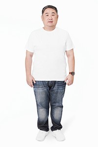 Men&#39;s white t-shirt and jeans plus size fashion studio shot