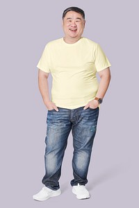 Men&#39;s yellow t-shirt and jeans plus size fashion full body