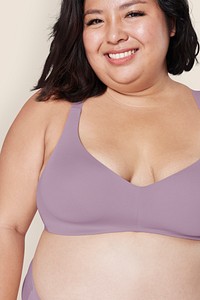 Size inclusive women&#39;s purple lingerie mockup studio shot