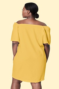 Woman facing backward yellow dress plus size apparel fashion mockup