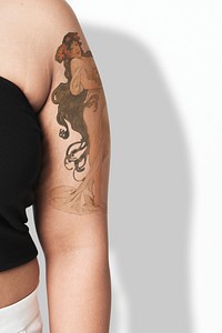 Curvy woman closeup with goddess arm tattoo mockup