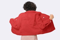 Stylish woman in red denim jacket for apparel shoot rear view