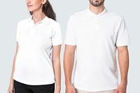 Man and woman in basic white polo shirts apparel studio shoot