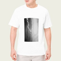 Man wearing abstract printed t-shirt studio portrait