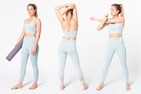Woman in blue sports bra and leggings set