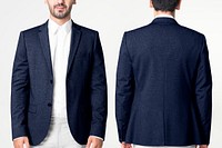 Navy blue men&rsquo;s blazer business wear fashion with design space full body and rear view set