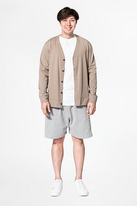 Man mockup psd with cardigan men&rsquo;s casual wear full body