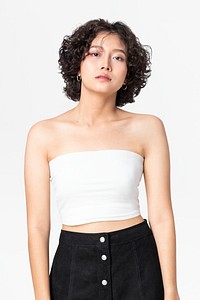 Bandeau top mockup psd with black a-line skirt women&rsquo;s street style fashion