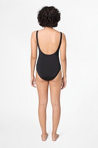 Woman's back mockup psd in summer black swimwear fashion full body