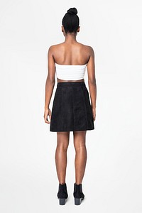 Woman mockup psd with suede a-line skirt women&rsquo;s street style fashion rear view<br /> 
