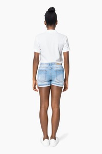 Woman mockup psd rear view with polo shirt and denim shorts 