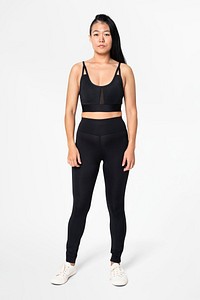 Active woman mockup psd in sportswear black outfit full body