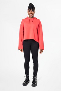 Woman in red hoodie streetwear apparel full body 