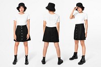 Woman mockup psd with T-shirt, a-line skirt and bucket hat casual fashion set