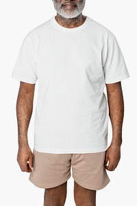 African American man in white tee and shorts summer apparel