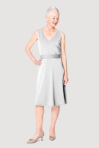 Woman in gray midi dress apparel with design space