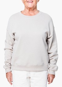 Women&rsquo;s oversized gray sweater casual apparel with design space close up