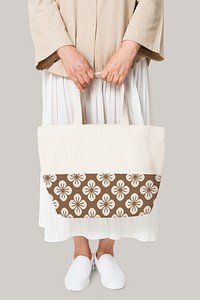 Beige canvas floral tote bag with design space