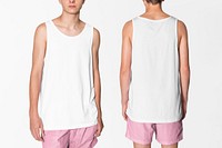 Basic men’s white tank top and pink shorts summer apparel with design space