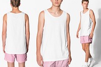 Basic men&rsquo;s white tank top and pink shorts summer apparel with design space
