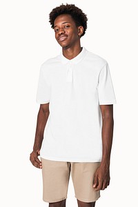 African American teenager in white polo t-shirt youth apparel shoot