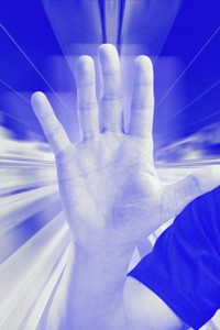 Man showing five fingers gesture in blue graphic illustration