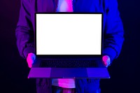 Man showing laptop blank screen in neon light