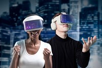 People having virtual reality experience using 3D VR glasses