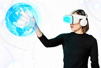 Woman wearing VR goggles touching holography globe futuristic technology