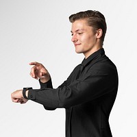 Man touching holographic smartwatch psd mockup futuristic technology