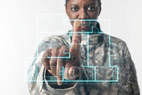 Female soldier using hologram screen military technology