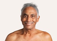 Happy bare chested mixed Indian senior man mockup