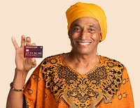Happy mixed senior Indian man with a credit card mockup
