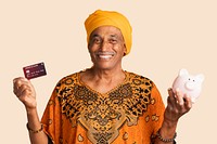 Happy mixed Indian man with a credit card and a piggy bank mockup 