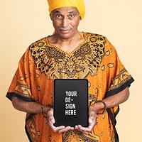 Indian man with raised brows holding a digital tablet mockup