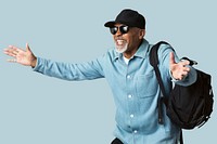 Cheerful black senior traveler wearing a cap mockup 
